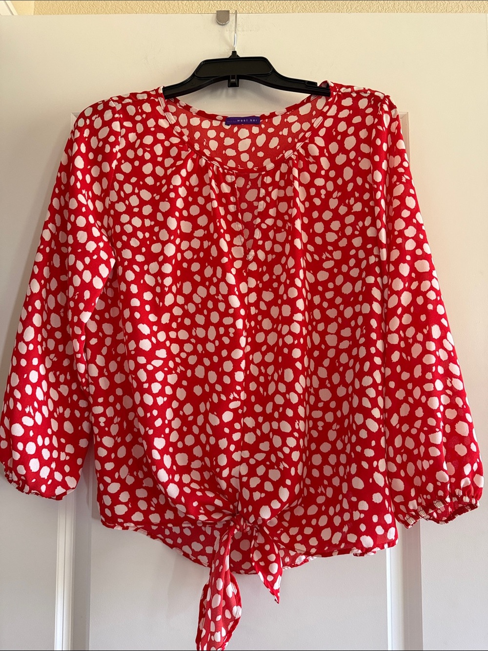 WEST KEI Casiya Tie Front Blouse, Sz L, Red polka print.
